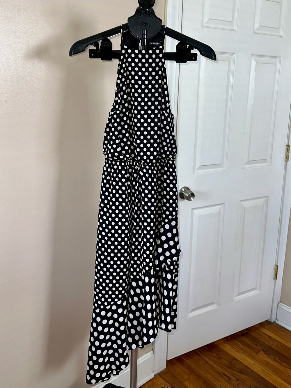 Express Black White Polka Dot Halter Midi Dress - XS